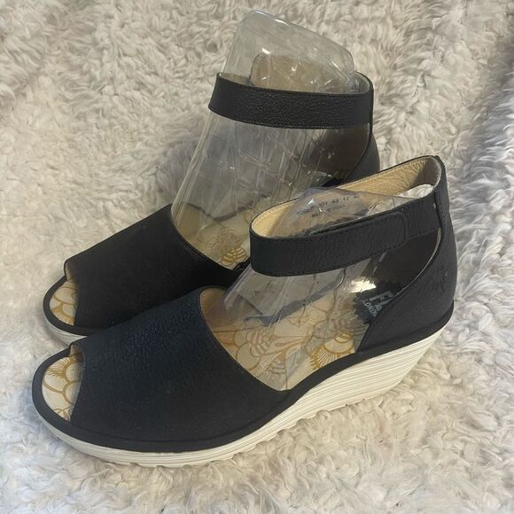 FLY London Yake Black Perforated Leather white Wedge Sandals ankle strap SZ11.5 - Picture 1 of 14